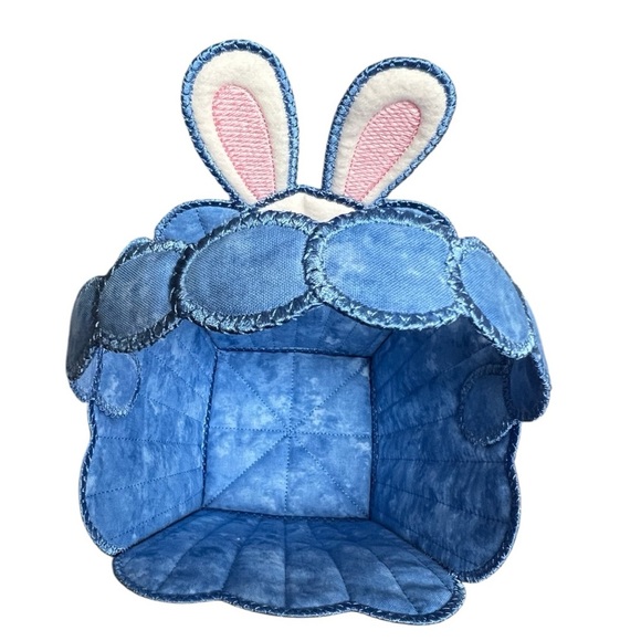 Hand Crafted Easter Basket Bunny with Handle Rabbit Embroidered Blue Kids Toy - Picture 9 of 17